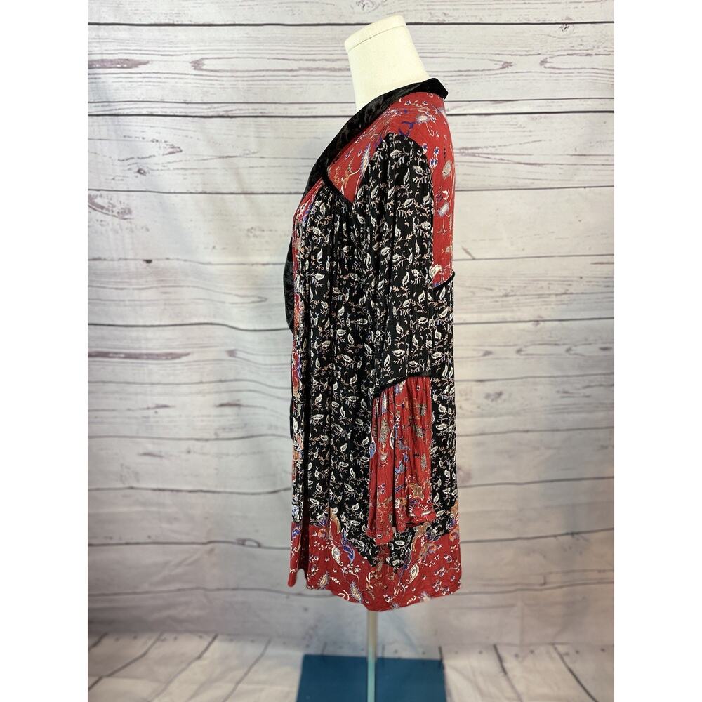 Angie Floral Paisley Kimono Cardigan S Red Black Velvet Trim Boho Hippie Sleeve - Picture 3 of 5